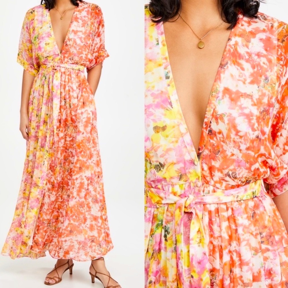 NWT ROCOCO SAND Floral Tie Waist Deep V Resort Summer Wedding Guest Maxi Dress